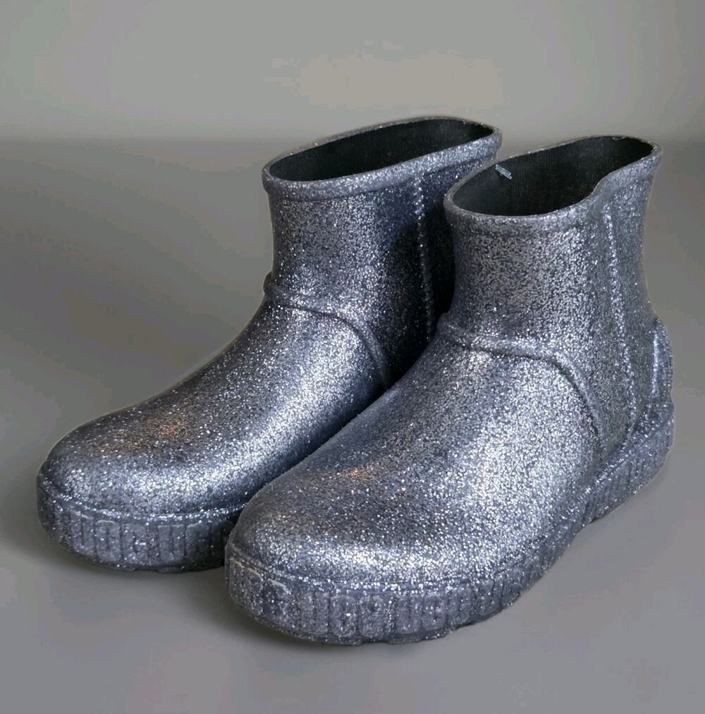 US 5 Ugg Silver Glitter Rain Booties Womens